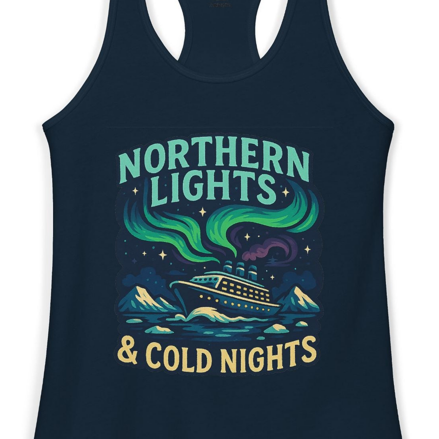 Northern Lights Alaska Cruise Ship Night Adventure Travel Shirt — Ladies Tank Ladies Tank Top – Solid Midnight Navy – Alaska Cruise Shirts Close Up