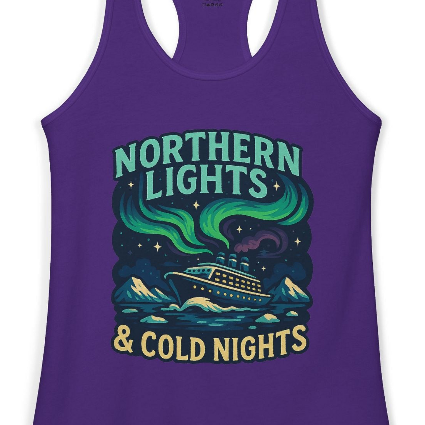 Northern Lights Alaska Cruise Ship Night Adventure Travel Shirt — Ladies Tank Ladies Tank Top – Solid Purple Rush – Alaska Cruise Shirts Close Up