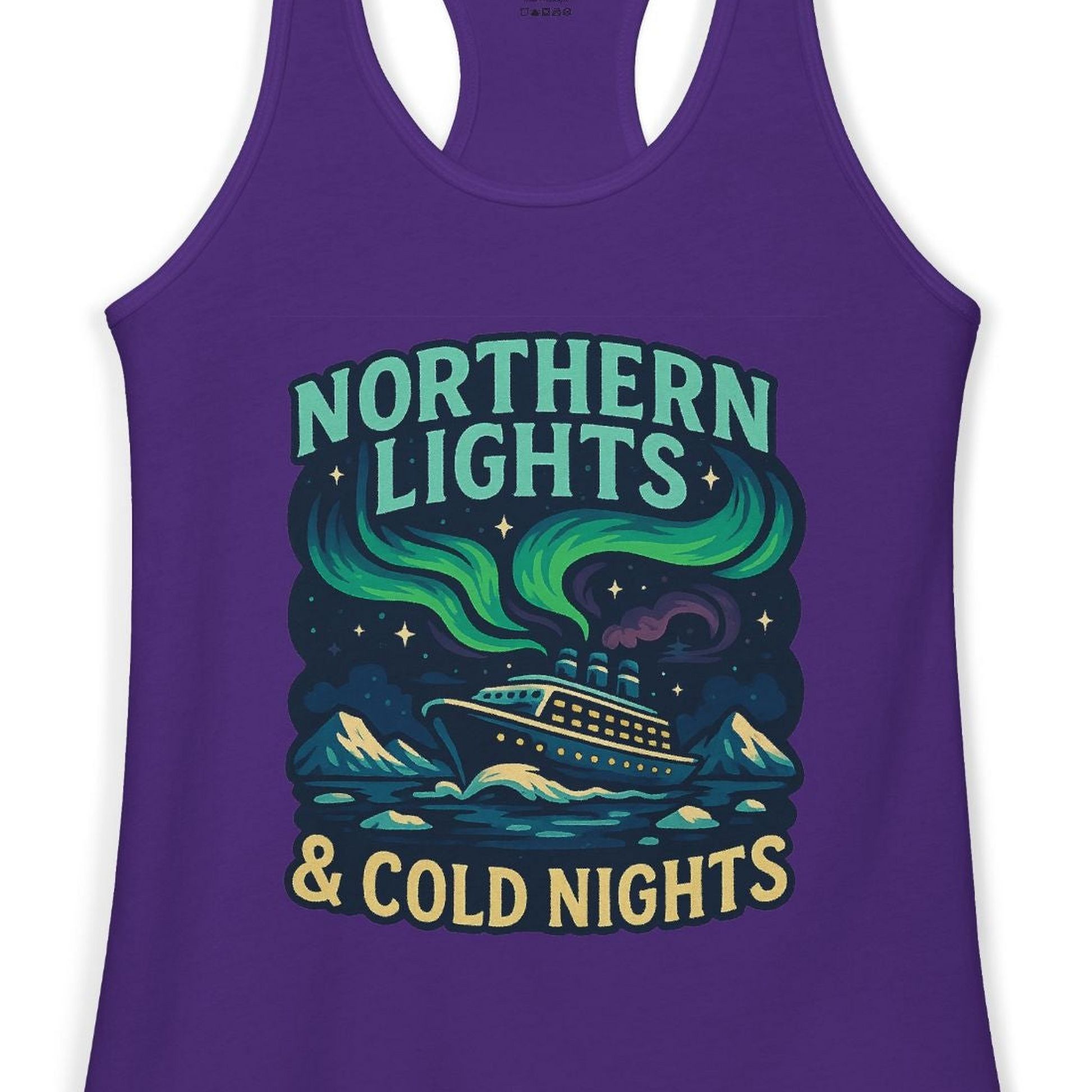 Northern Lights Alaska Cruise Ship Night Adventure Travel Shirt — Ladies Tank Ladies Tank Top – Solid Purple Rush – Alaska Cruise Shirts Close Up