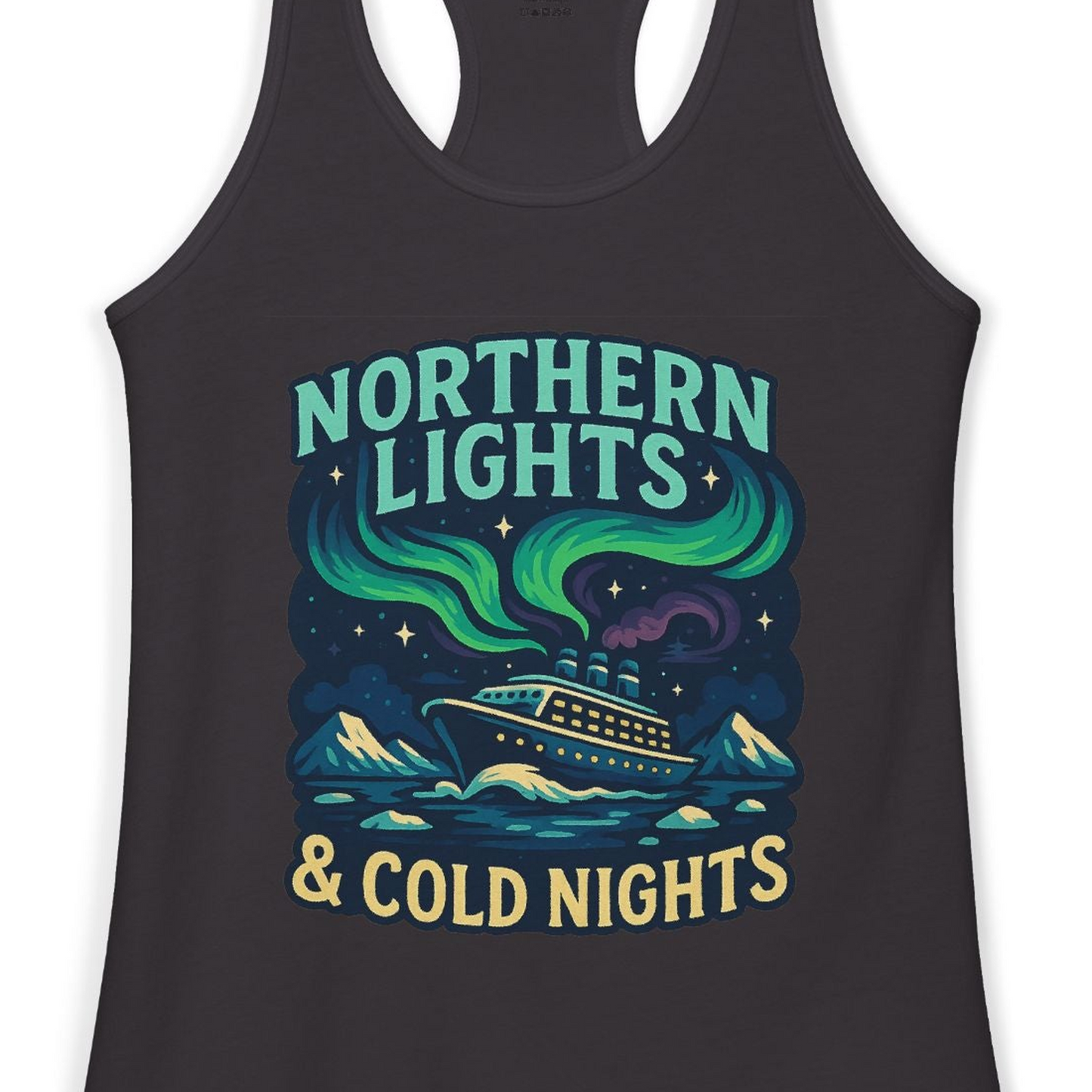 Northern Lights Alaska Cruise Ship Night Adventure Travel Shirt — Ladies Tank Ladies Tank Top – Black – Alaska Cruise Shirts Close Up