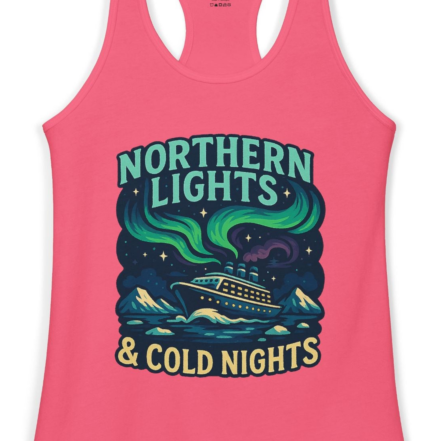 Northern Lights Alaska Cruise Ship Night Adventure Travel Shirt — Ladies Tank Ladies Tank Top – Hot Pink – Alaska Cruise Shirts Close Up