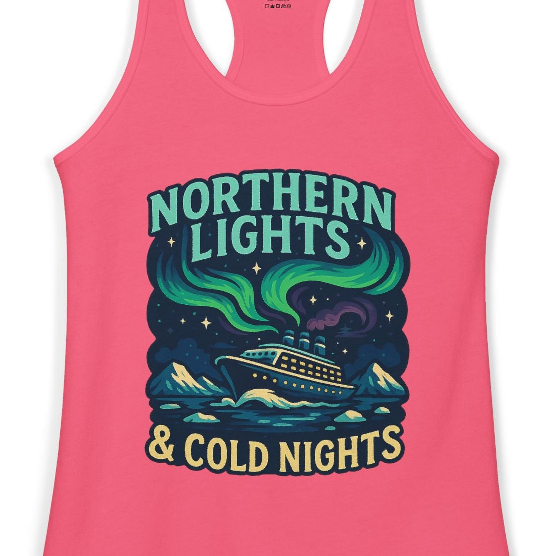 Northern Lights Alaska Cruise Ship Night Adventure Travel Shirt — Ladies Tank Ladies Tank Top – Hot Pink – Alaska Cruise Shirts Close Up