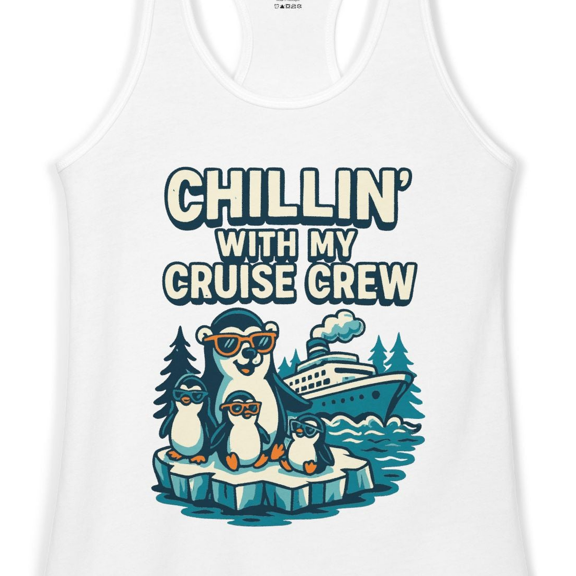 Chillin With My Cruise Crew Cute Penguins Alaska Cartoon Shirt — Ladies Tank Ladies Tank Top – White – Alaska Cruise Shirts Close Up