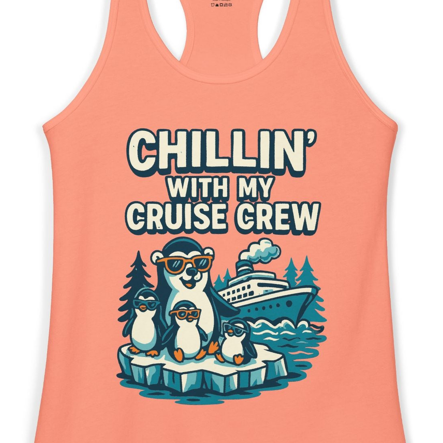 Chillin With My Cruise Crew Cute Penguins Alaska Cartoon Shirt — Ladies Tank Ladies Tank Top – Solid Light Orange – Alaska Cruise Shirts Close Up