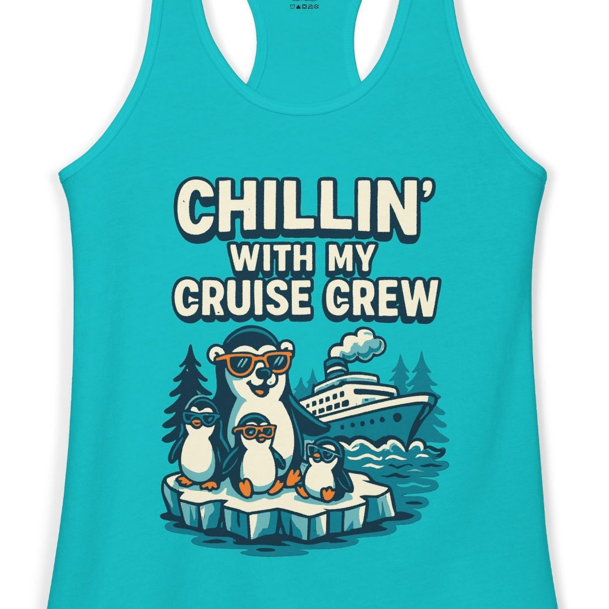 Chillin With My Cruise Crew Cute Penguins Alaska Cartoon Shirt — Ladies Tank Ladies Tank Top – Tahiti Blue – Alaska Cruise Shirts Close Up