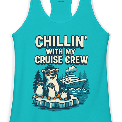 Chillin With My Cruise Crew Cute Penguins Alaska Cartoon Shirt — Ladies Tank Ladies Tank Top – Tahiti Blue – Alaska Cruise Shirts Close Up