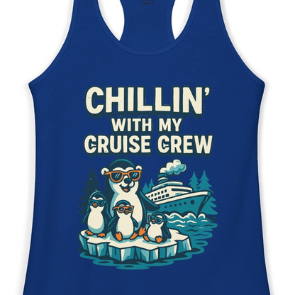 Chillin With My Cruise Crew Cute Penguins Alaska Cartoon Shirt — Ladies Tank Ladies Tank Top – Solid Royal – Alaska Cruise Shirts Close Up
