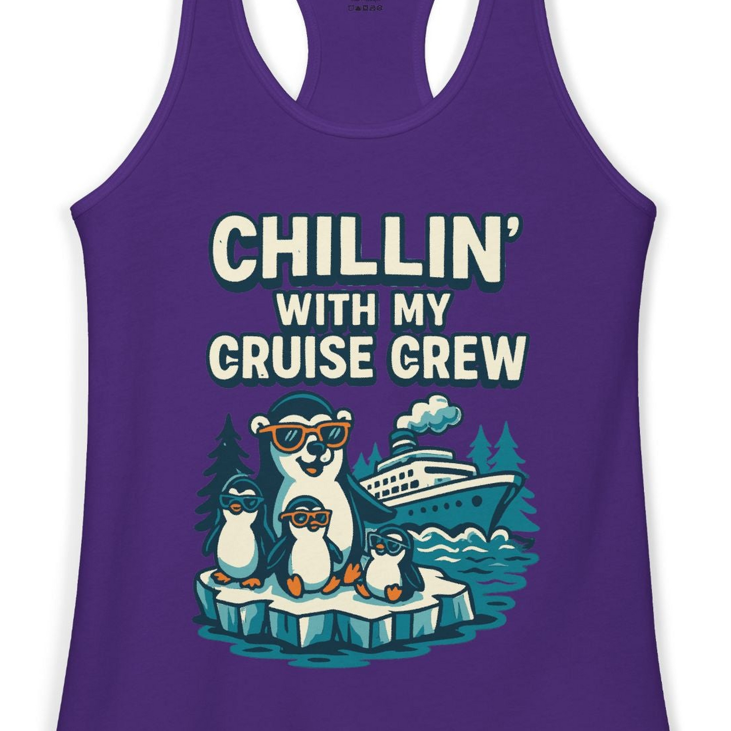 Chillin With My Cruise Crew Cute Penguins Alaska Cartoon Shirt — Ladies Tank Ladies Tank Top – Solid Purple Rush – Alaska Cruise Shirts Close Up