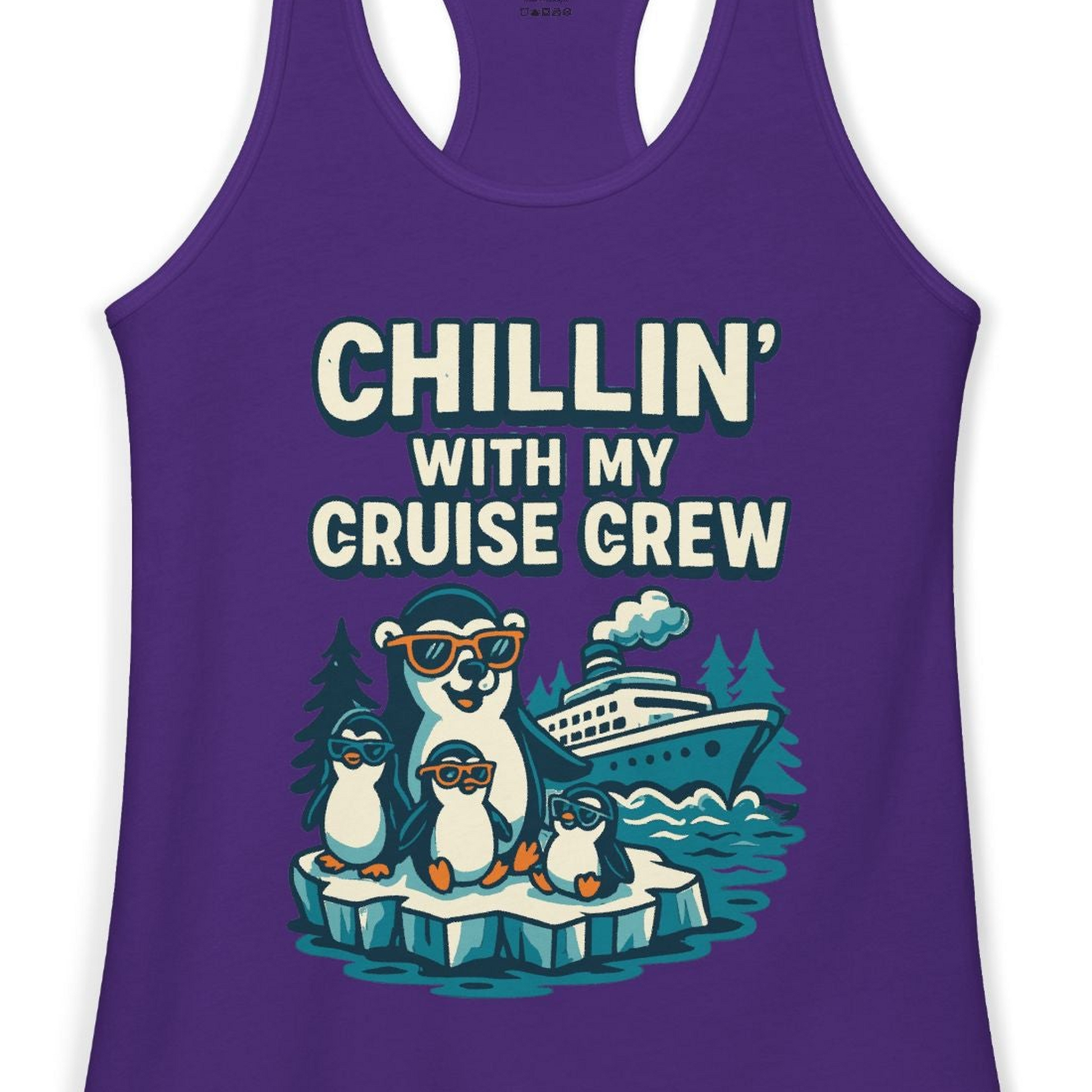 Chillin With My Cruise Crew Cute Penguins Alaska Cartoon Shirt — Ladies Tank Ladies Tank Top – Solid Purple Rush – Alaska Cruise Shirts Close Up