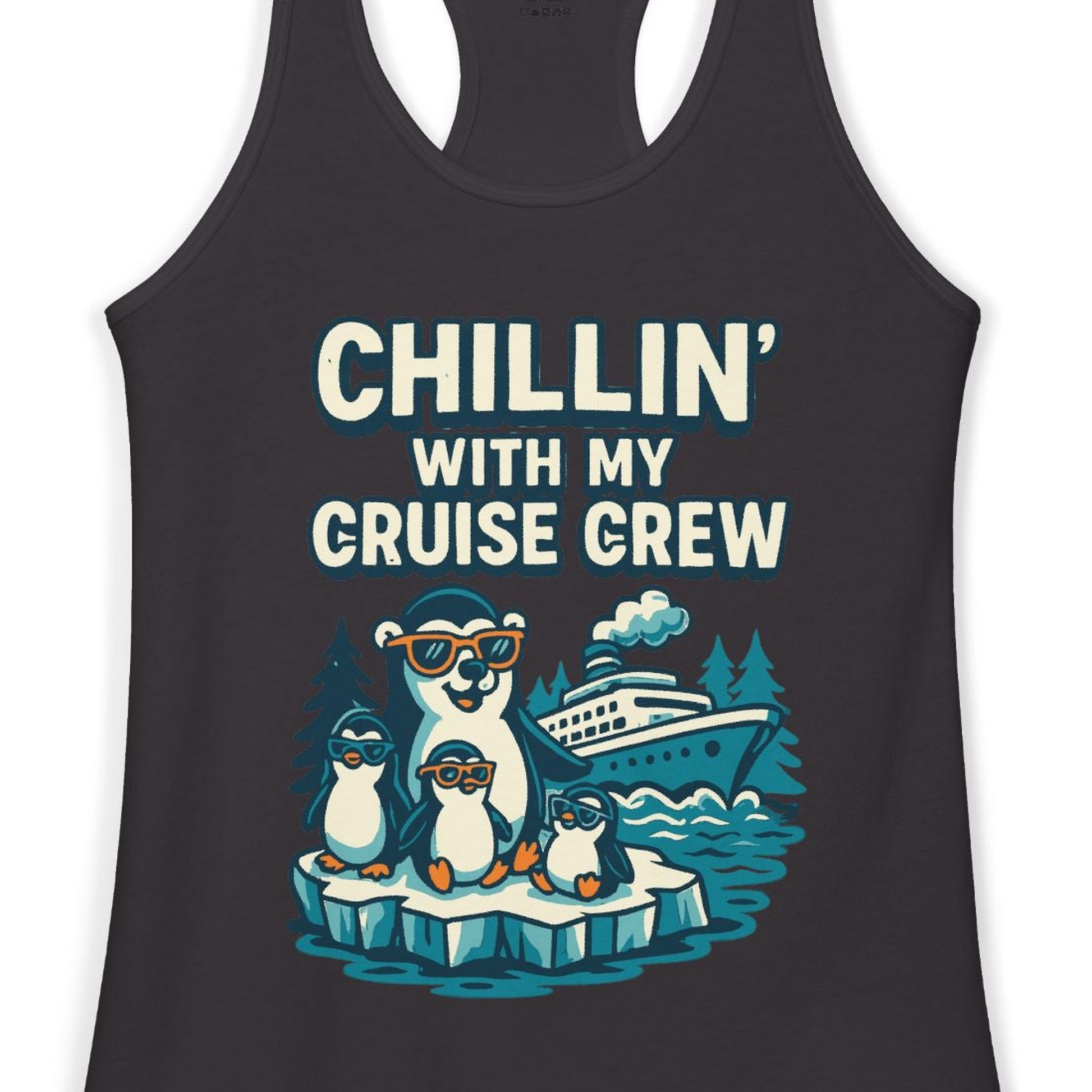 Chillin With My Cruise Crew Cute Penguins Alaska Cartoon Shirt — Ladies Tank Ladies Tank Top – Black – Alaska Cruise Shirts Close Up