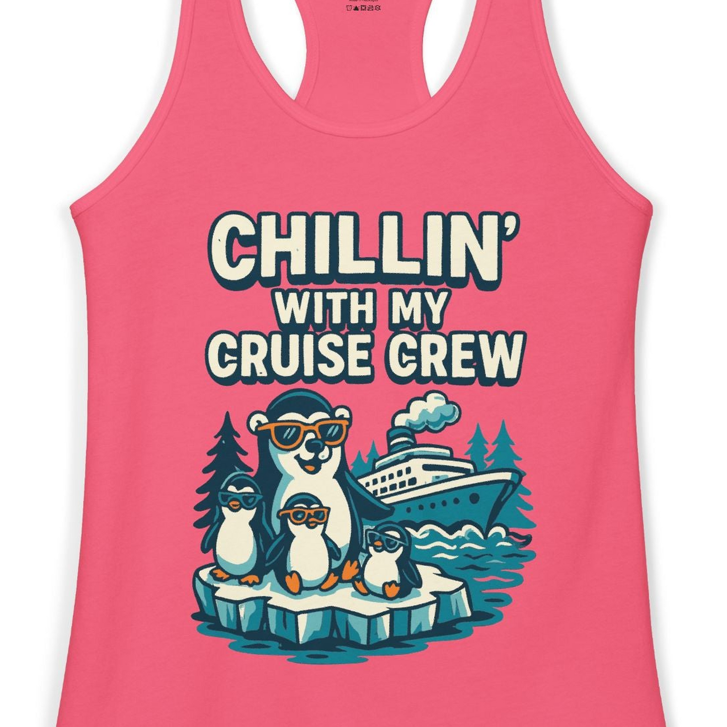 Chillin With My Cruise Crew Cute Penguins Alaska Cartoon Shirt — Ladies Tank Ladies Tank Top – Hot Pink – Alaska Cruise Shirts Close Up