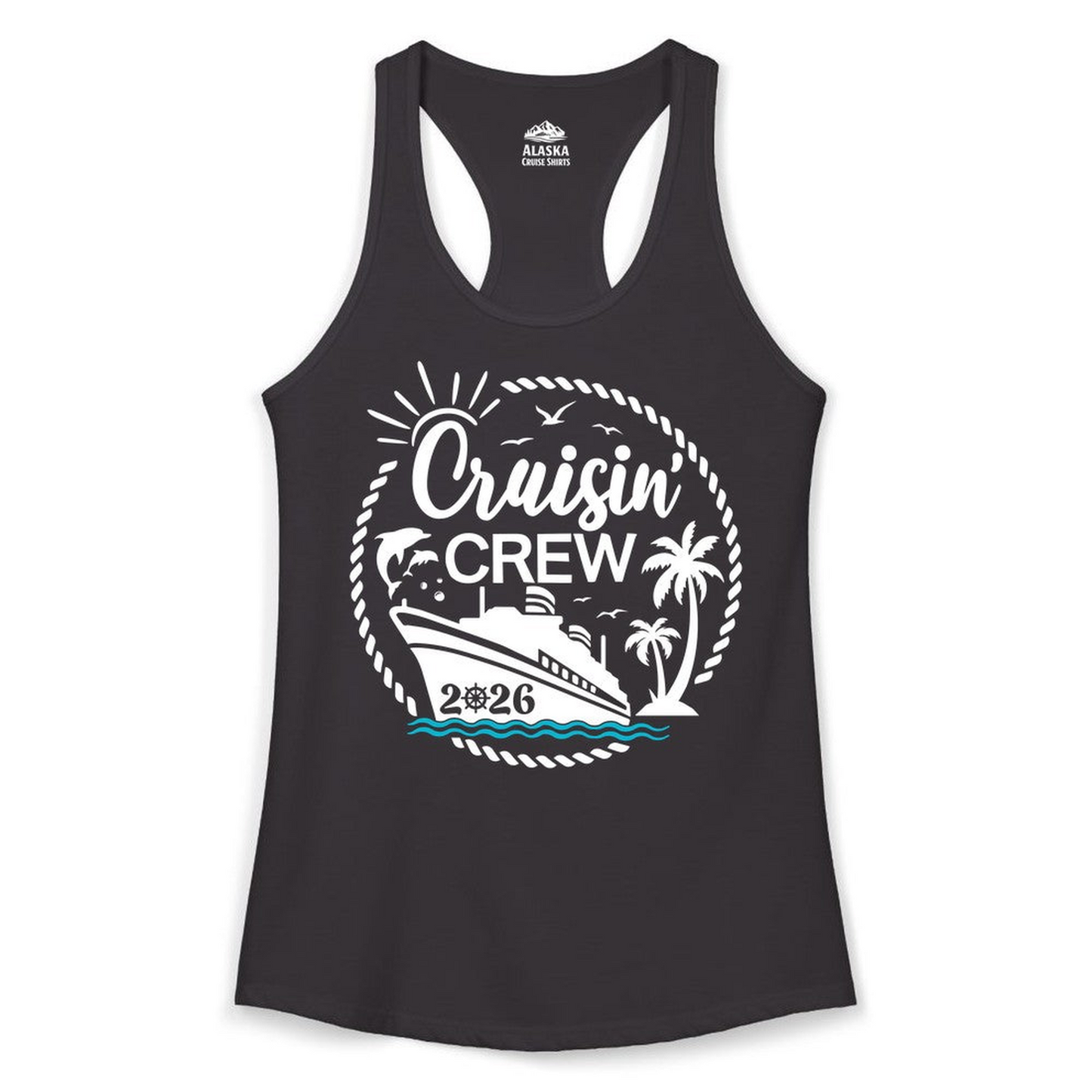 Cruisin Crew Shirt Tropical Family Group Cruise 2026 Caribbean Islands — Ladies Tank Ladies Tank Top – Black – Alaska Cruise Shirts Close Up