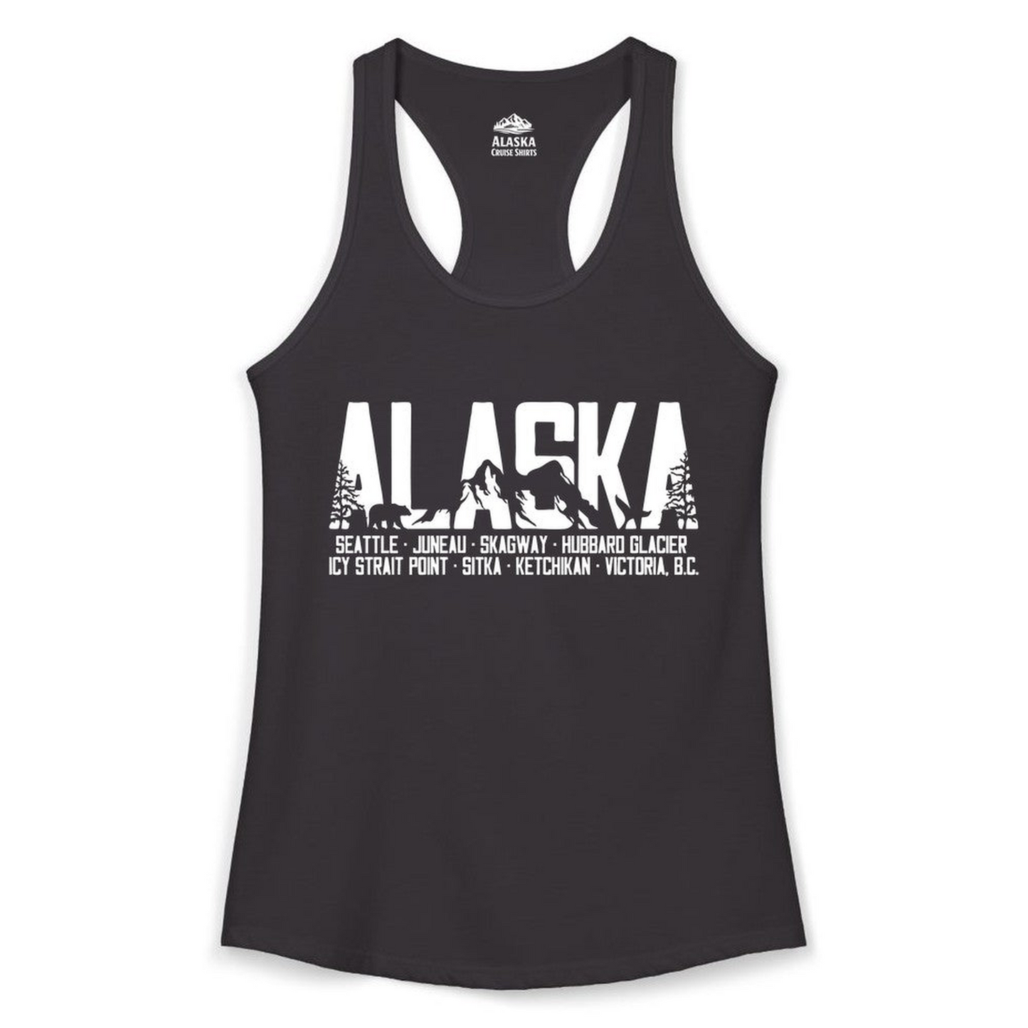 Alaska Cruise Silhouette Wildlife Destinations Shirt Seattle Juneau — Ladies Tank Ladies Tank Top – Black – Alaska Cruise Shirts Close Up
