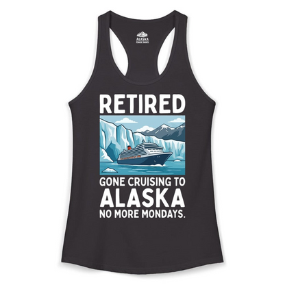 Retired Gone Cruising Alaska Shirt Ladies Tank Top – Black – Alaska Cruise Shirts Close Up