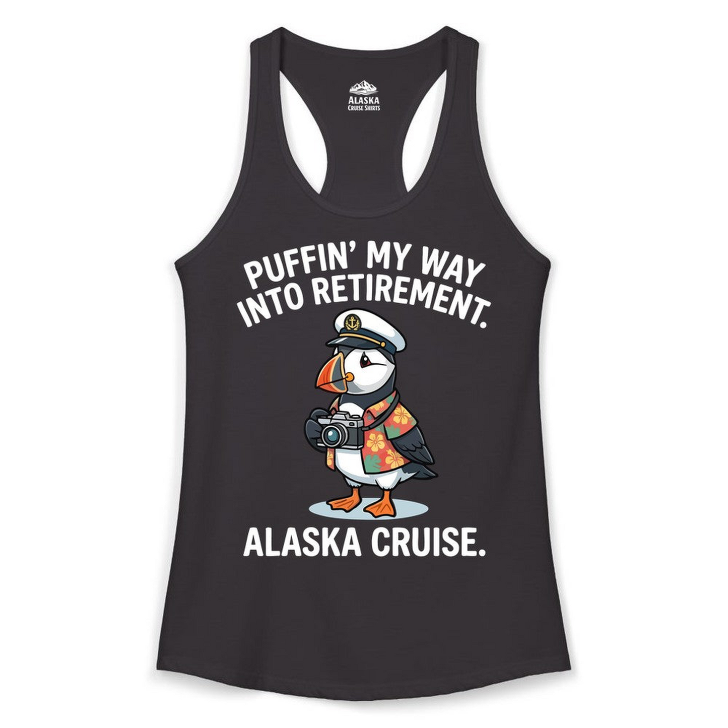 Puffin Cartoon Retirement Alaska Cruise Shirt Ladies Tank Top – Black – Alaska Cruise Shirts Close Up