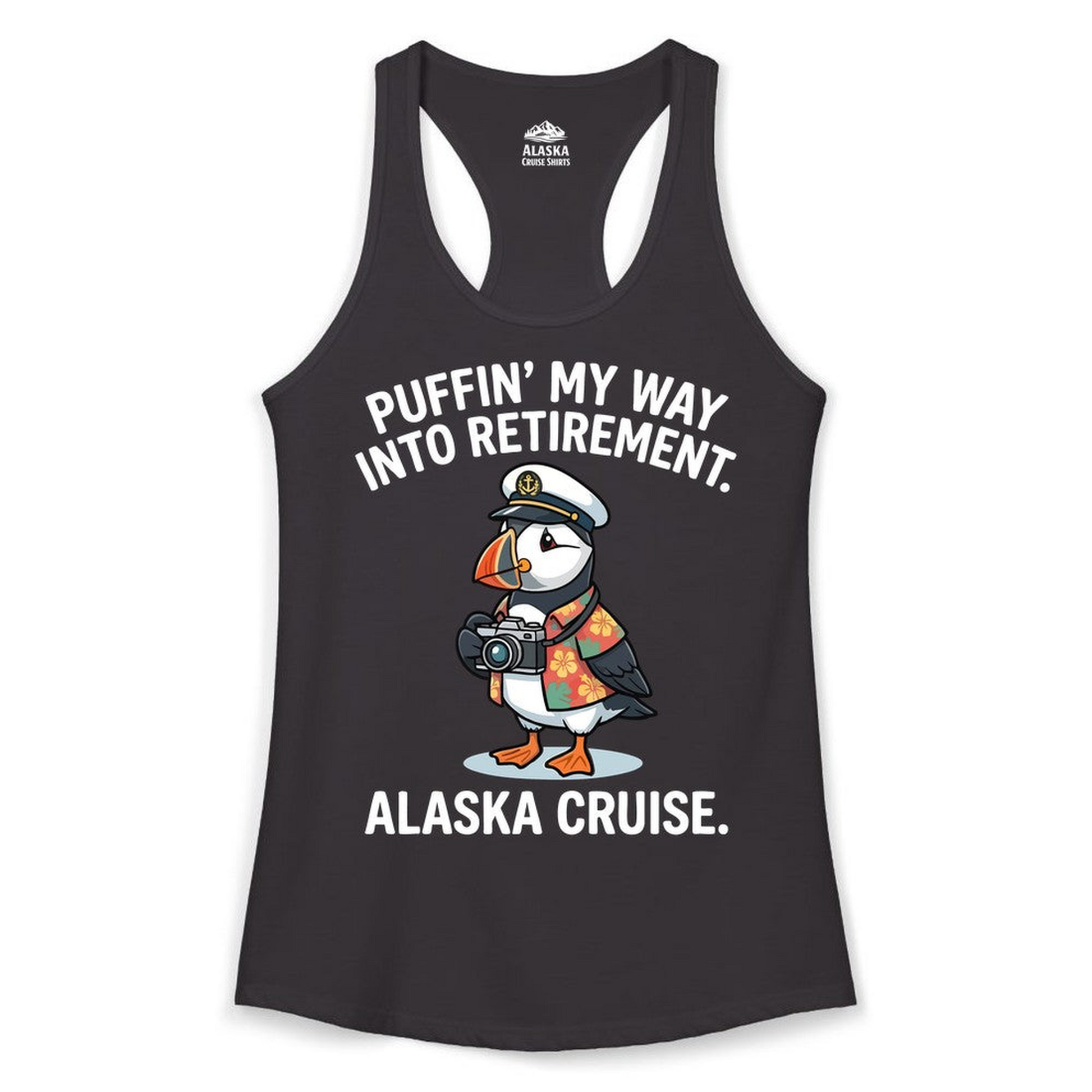 Puffin Cartoon Retirement Alaska Cruise Shirt Ladies Tank Top – Black – Alaska Cruise Shirts Close Up