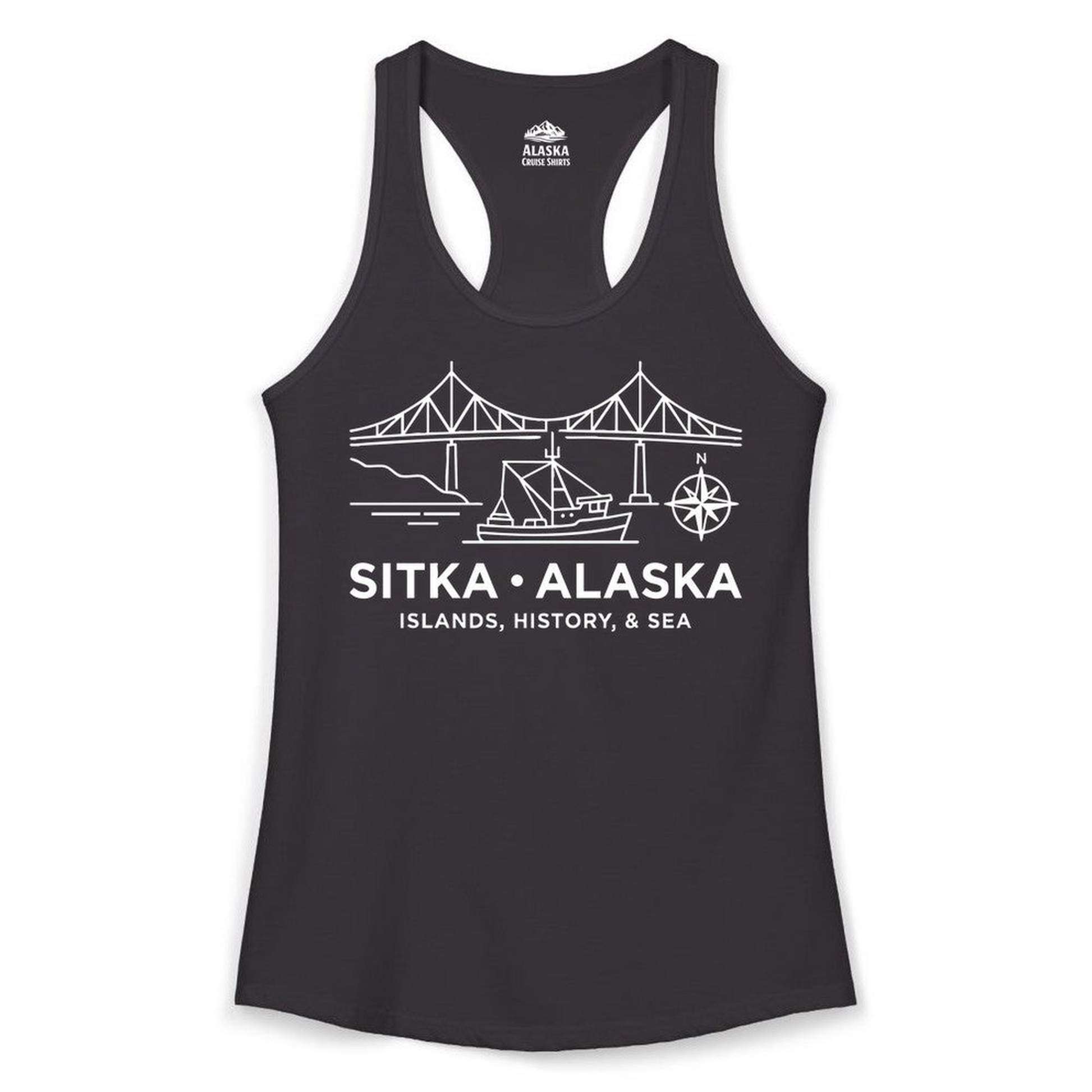 Sitka Alaska Nautical Line Art Shirt Ladies Tank Top – Black – Alaska Cruise Shirts Close Up