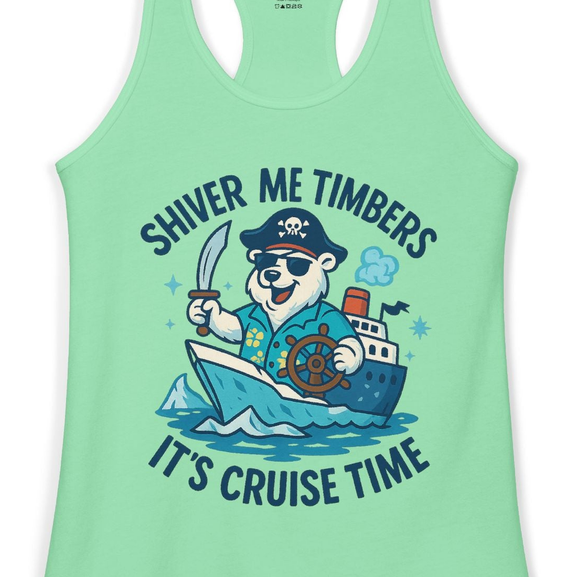 Funny Polar Bear Pirate Cruise Vacation Shirt Ladies Tank Top – Solid Mint – Alaska Cruise Shirts Close Up