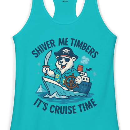 Funny Polar Bear Pirate Cruise Vacation Shirt Ladies Tank Top – Tahiti Blue – Alaska Cruise Shirts Close Up