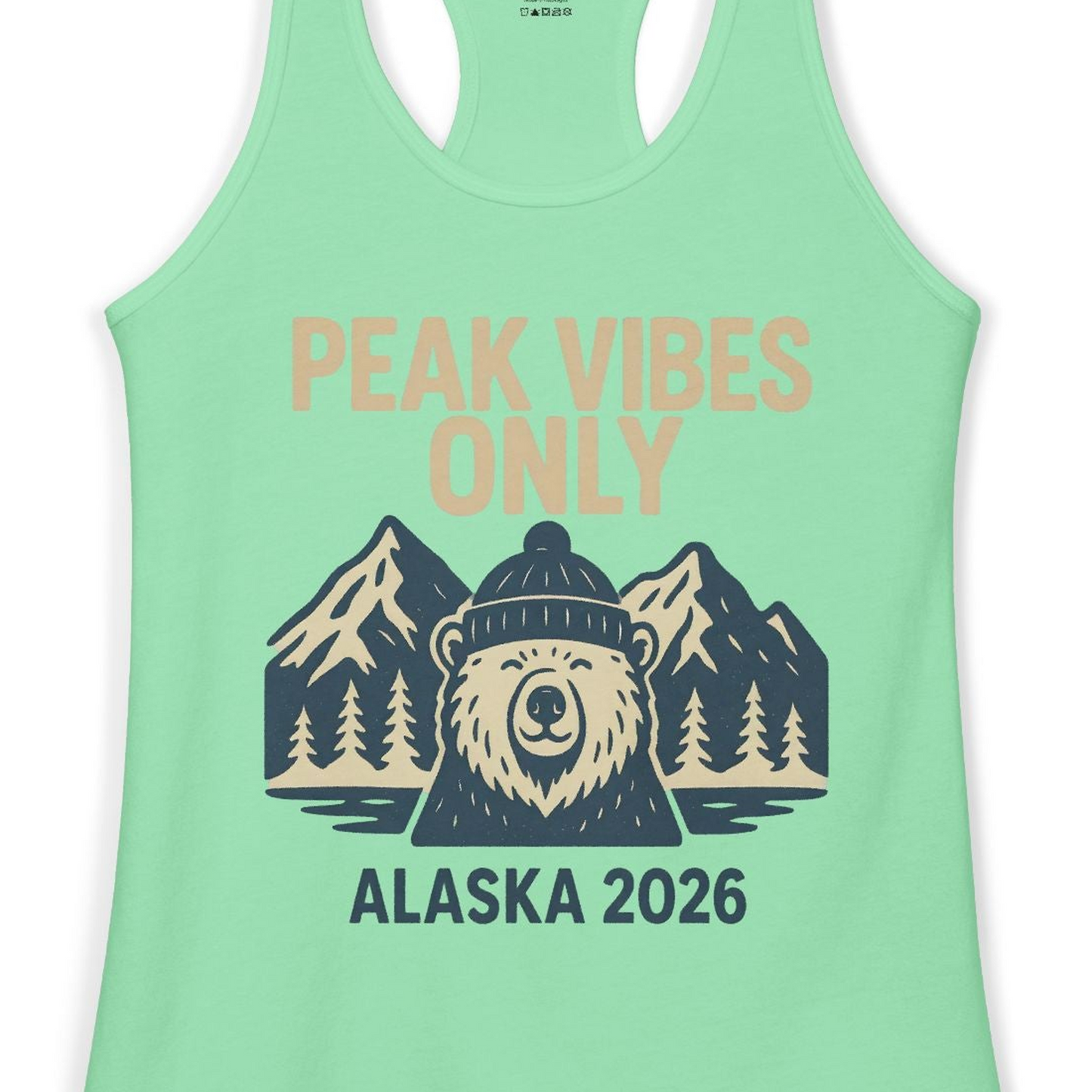 Alaska 2026 Mountain Adventure Bear Ladies Tank Top – Solid Mint – Alaska Cruise Shirts Close Up