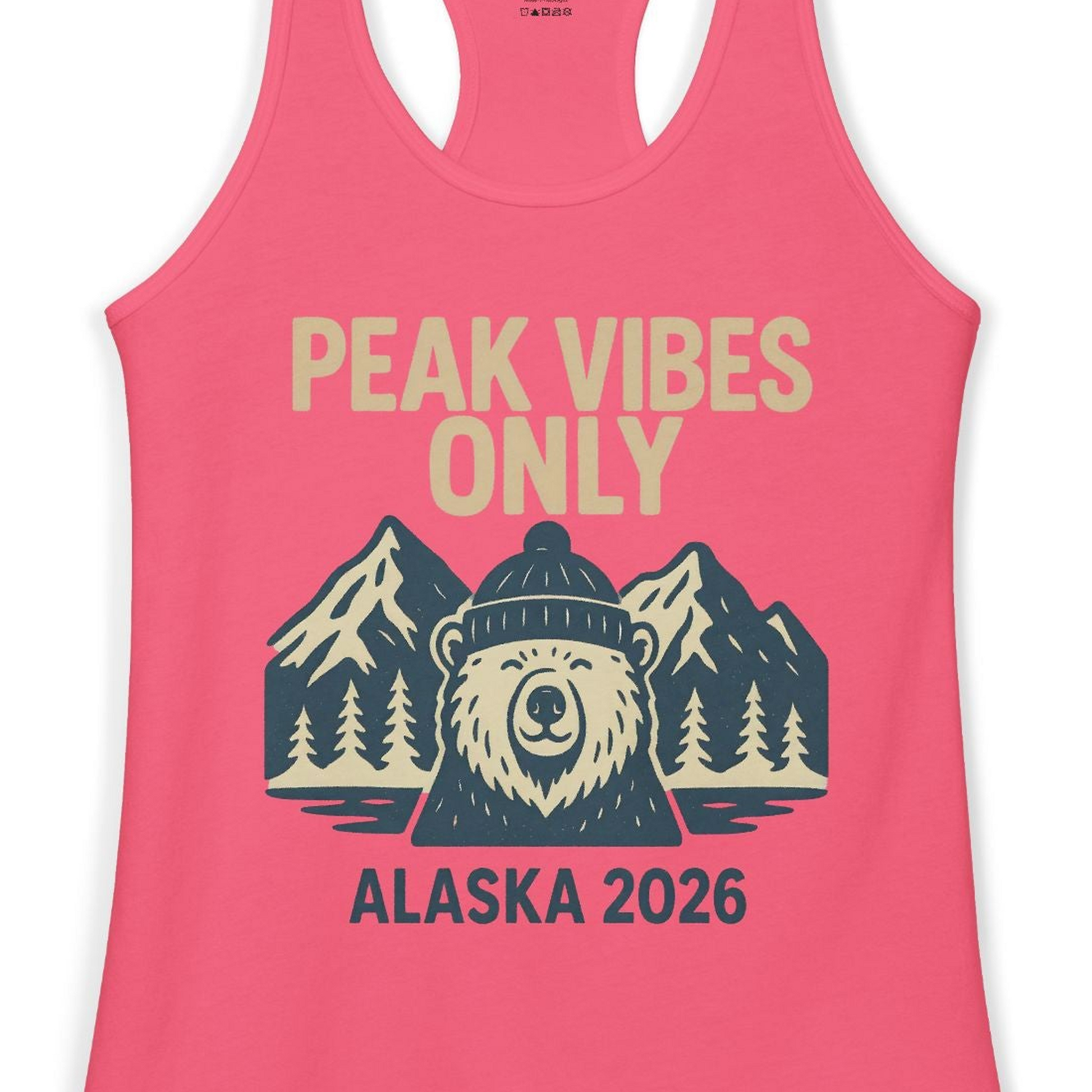 Alaska 2026 Mountain Adventure Bear Ladies Tank Top – Hot Pink – Alaska Cruise Shirts Close Up