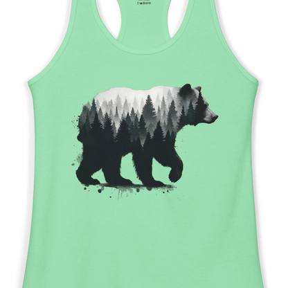 Bear Silhouette Forest Double Exposure Shirt Ladies Tank Top – Solid Mint – Alaska Cruise Shirts Close Up