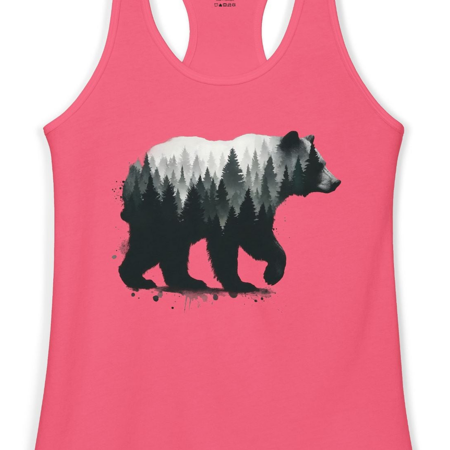 Bear Silhouette Forest Double Exposure Shirt Ladies Tank Top – Hot Pink – Alaska Cruise Shirts Close Up