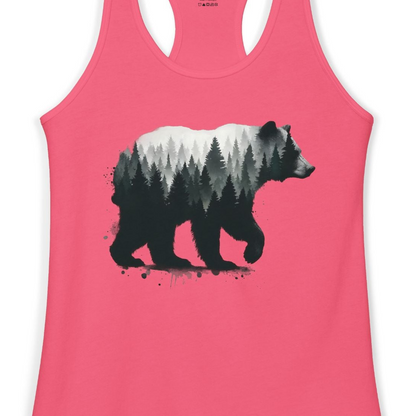 Bear Silhouette Forest Double Exposure Shirt Ladies Tank Top – Hot Pink – Alaska Cruise Shirts Close Up
