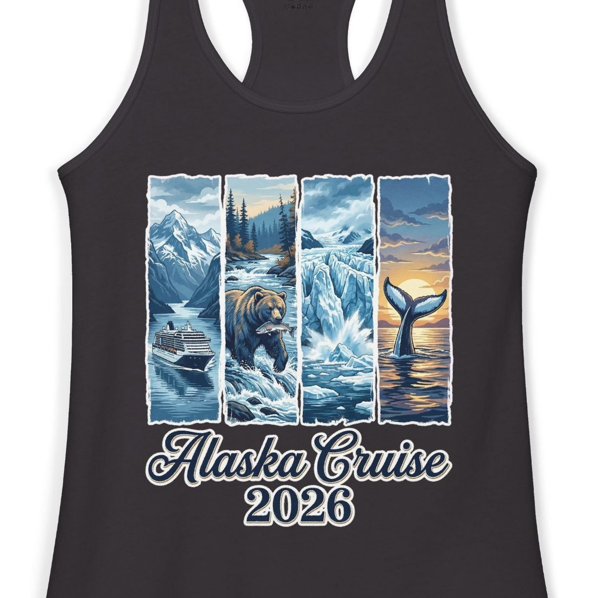 Alaska Cruise 2026 Scenic Wildlife Adventure Souvenir Shirt — Ladies Tank Ladies Tank Top – Black – Alaska Cruise Shirts Close Up