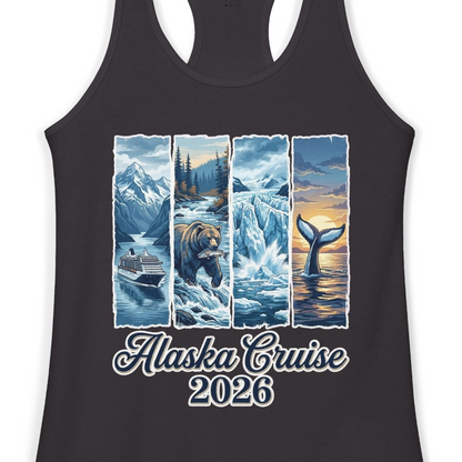 Alaska Cruise 2026 Scenic Wildlife Adventure Souvenir Shirt — Ladies Tank Ladies Tank Top – Black – Alaska Cruise Shirts Close Up