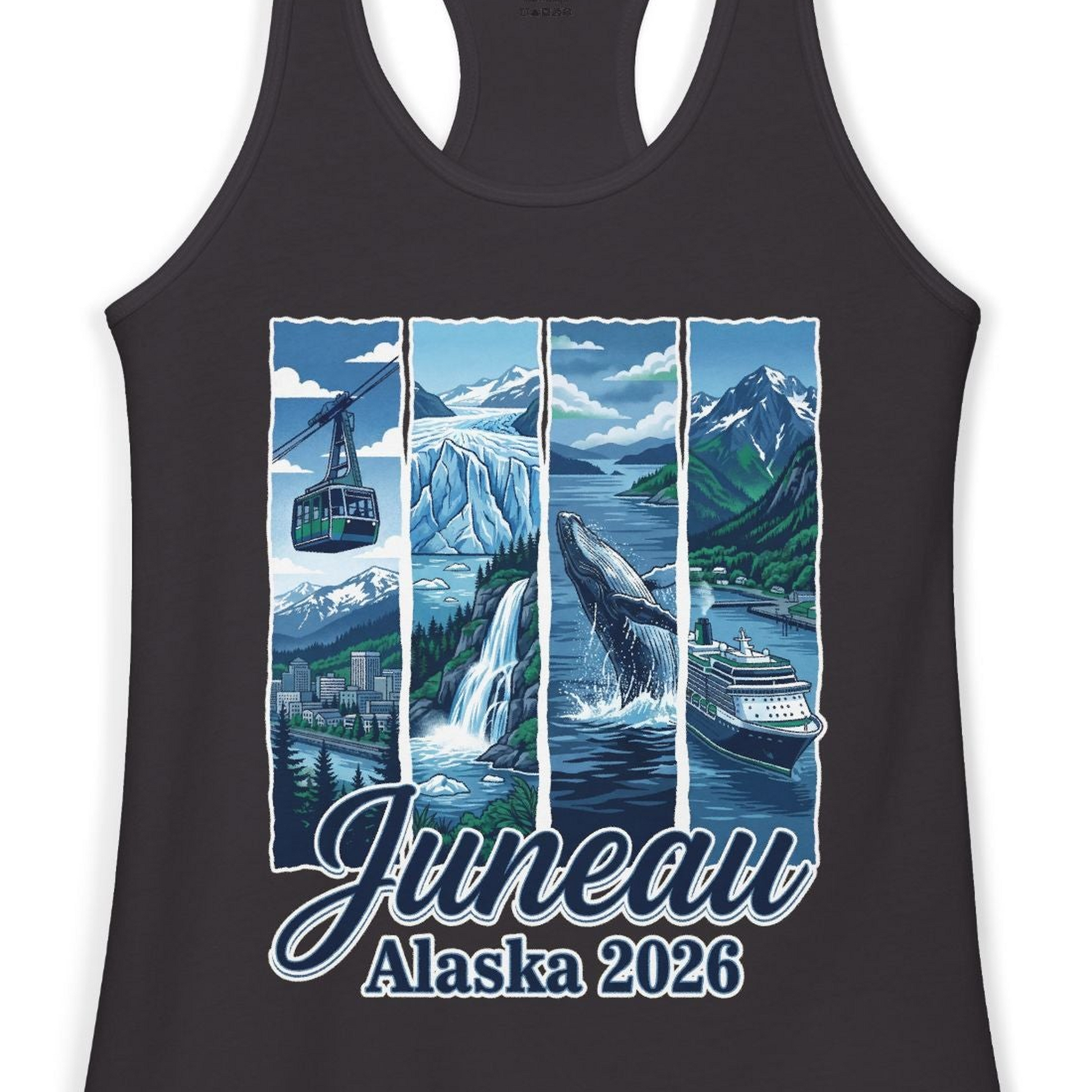 Juneau Alaska 2026 Cruise and Nature Souvenir Shirt — Ladies Tank Ladies Tank Top – Black – Alaska Cruise Shirts Close Up