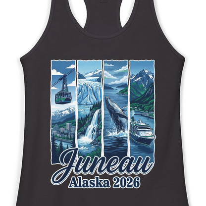 Juneau Alaska 2026 Cruise and Nature Souvenir Shirt — Ladies Tank Ladies Tank Top – Black – Alaska Cruise Shirts Close Up