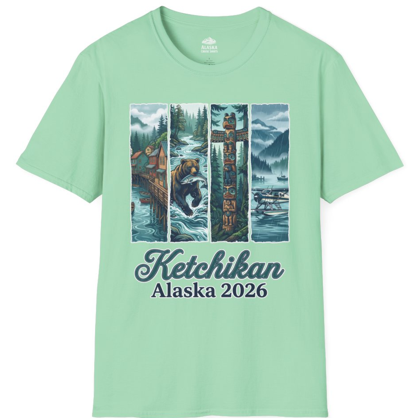 Ketchikan Alaska 2026 Scenic Nature and Totem Pole Art T-Shirt – Mint Green – Alaska Cruise Shirts