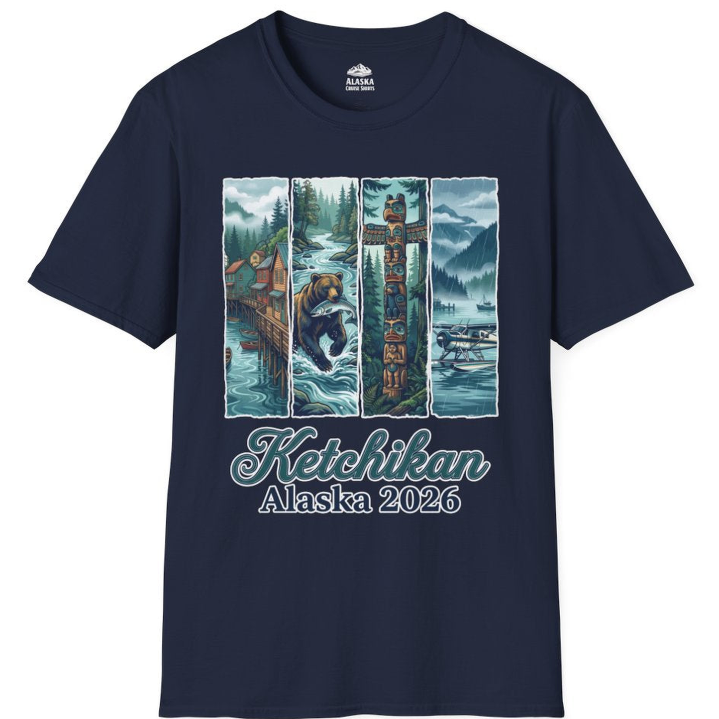 Ketchikan Alaska 2026 Scenic Nature and Totem Pole Art T-Shirt – Navy – Alaska Cruise Shirts