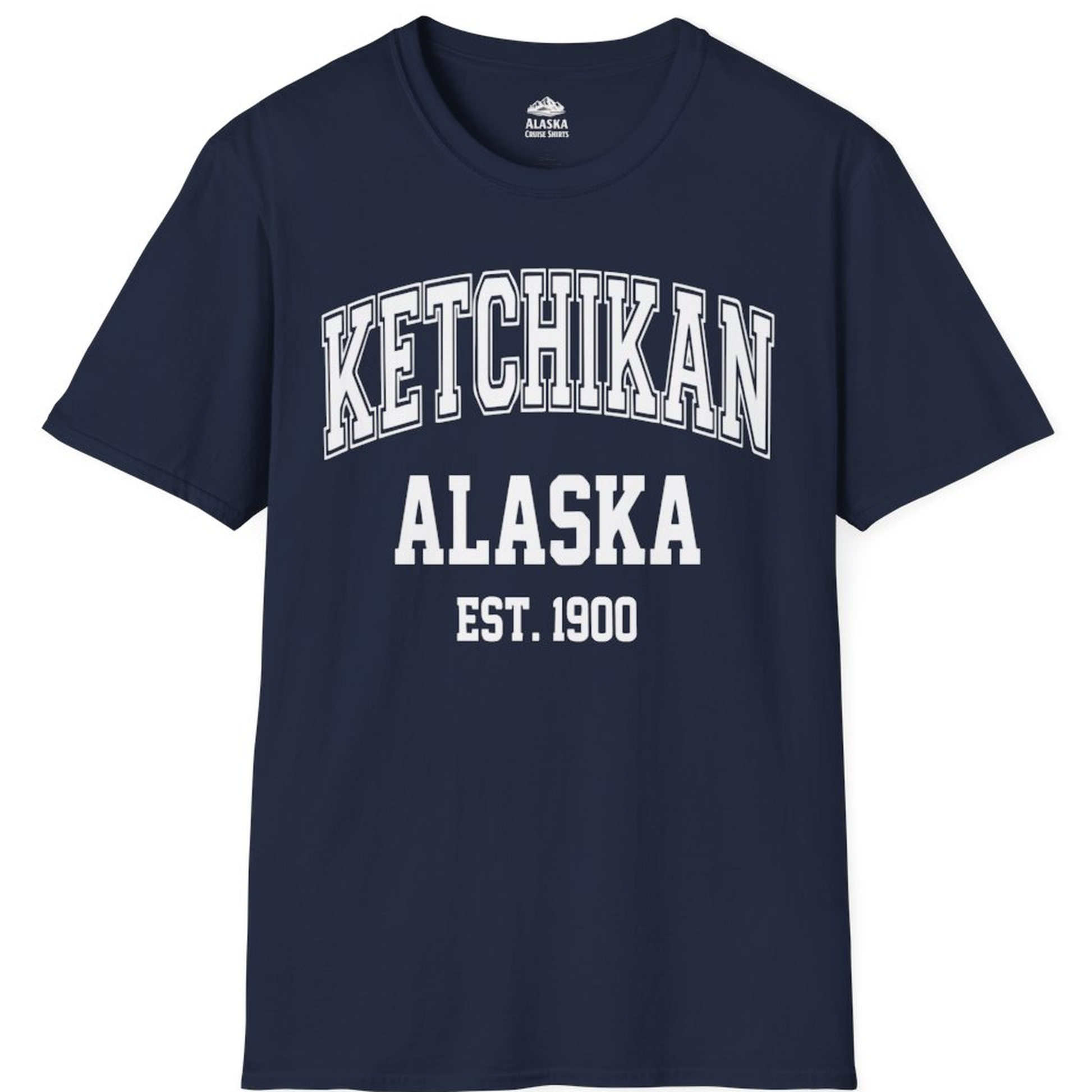 Ketchikan Alaska Collegiate Style Est 1900 Vintage Tee Shirt – Navy – Alaska Cruise Shirts