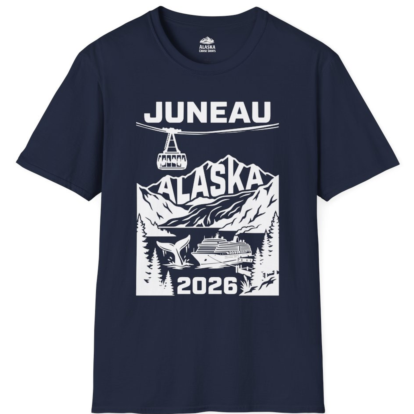 Juneau Alaska Cruise 2026 Scenic Whale and Cable Car Shirt – Navy – Alaska Cruise Shirts