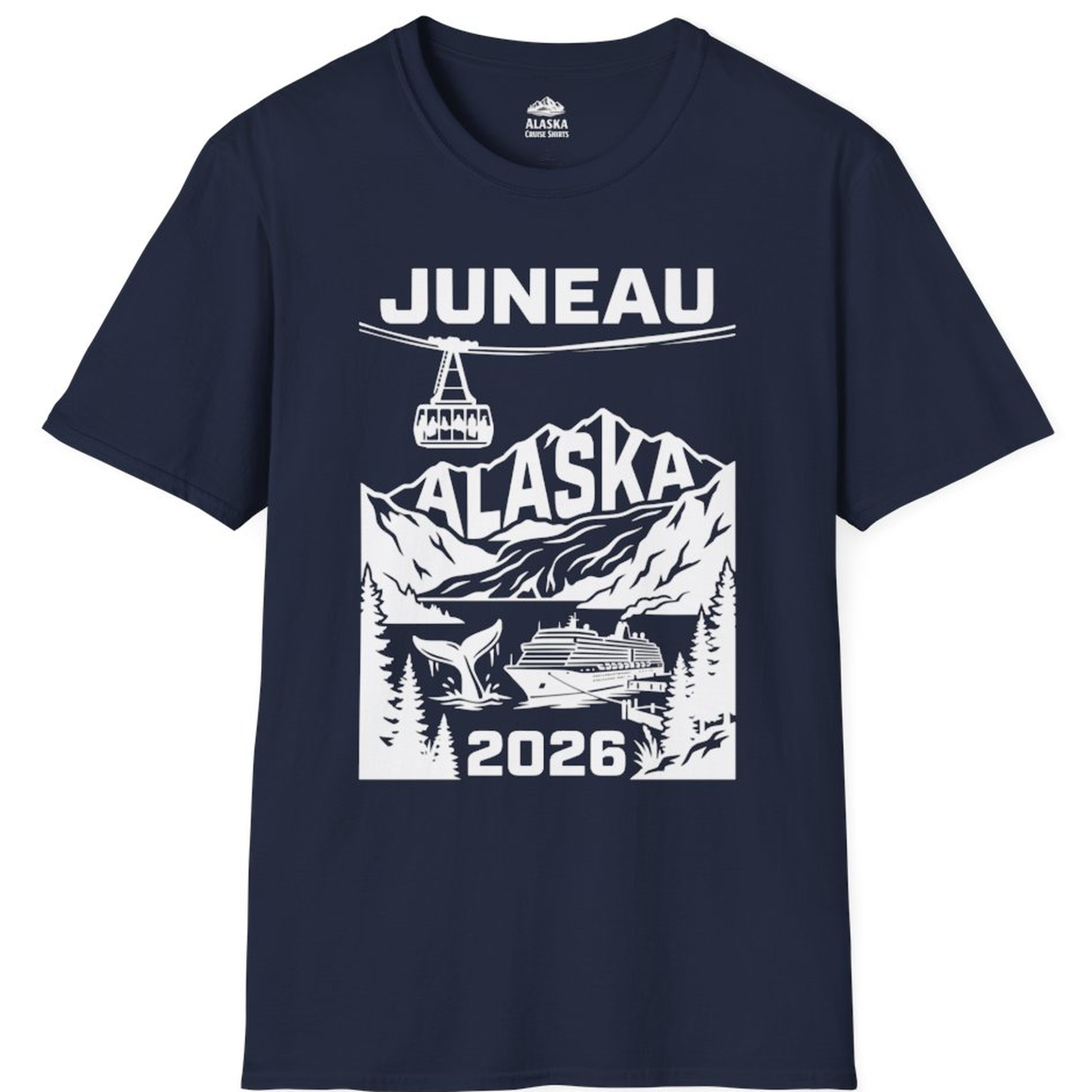 Juneau Alaska Cruise 2026 Scenic Whale and Cable Car Shirt – Navy – Alaska Cruise Shirts
