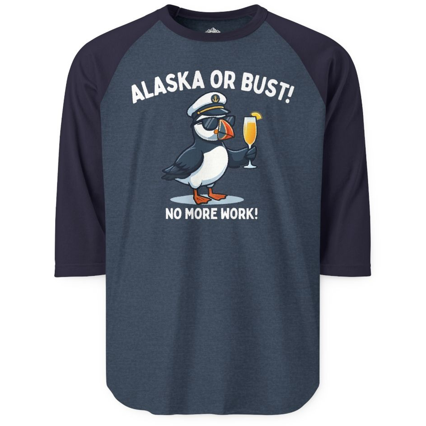 Funny Puffin Captain Alaska Cruise Shirt - No More Work Cartoon Tee – Heather Denim/Navy – Alaska Cruise Shirts