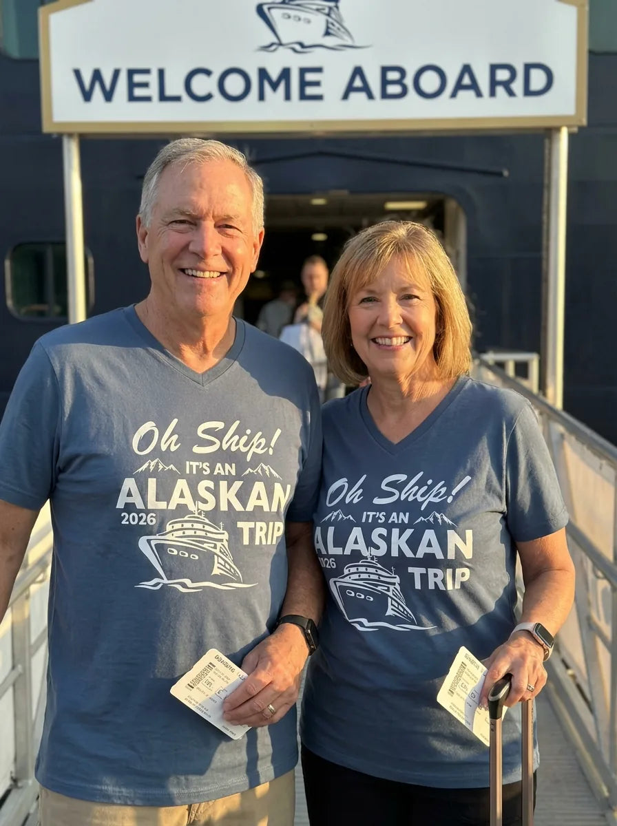 Lifestyle View — Oh Ship Alaskan Cruise Shirt 2026 - Funny Alaska Trip Mountain Tees — V-Neck