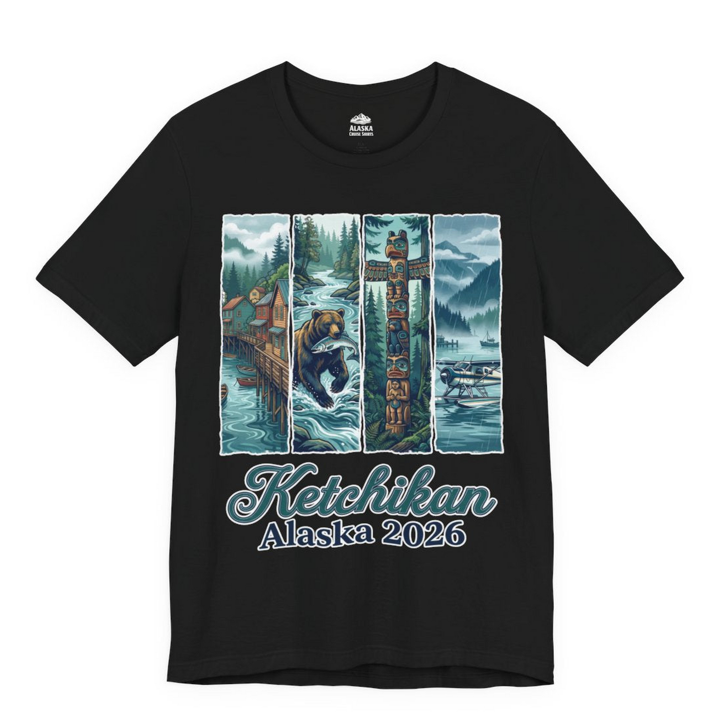 Ketchikan Alaska 2026 Scenic Nature and Totem Pole Art T-Shirt — Premium Tee Premium T-Shirt – Alaska Cruise Shirts Close Up