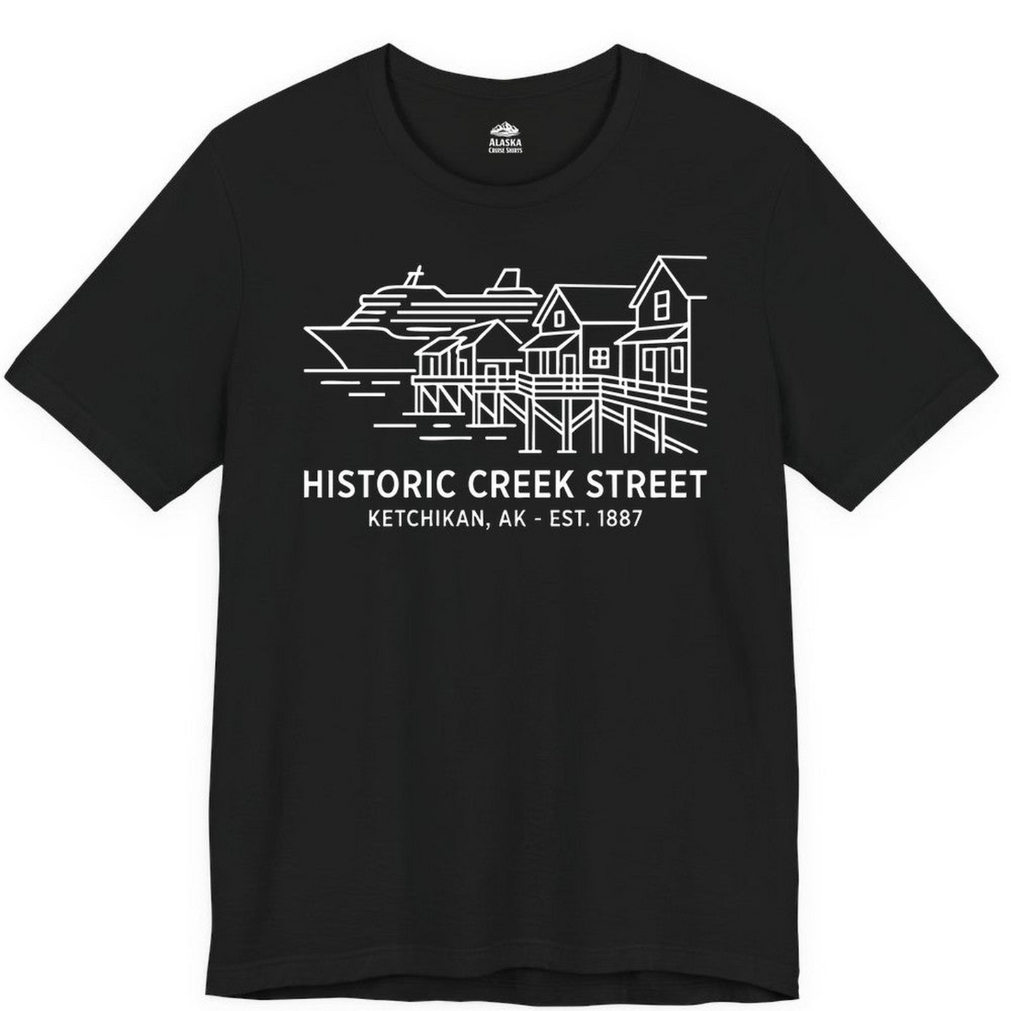 Ketchikan Creek Street Alaska Waterfront and Cruise Ship Shirt — Premium Tee Premium T-Shirt – Alaska Cruise Shirts Close Up