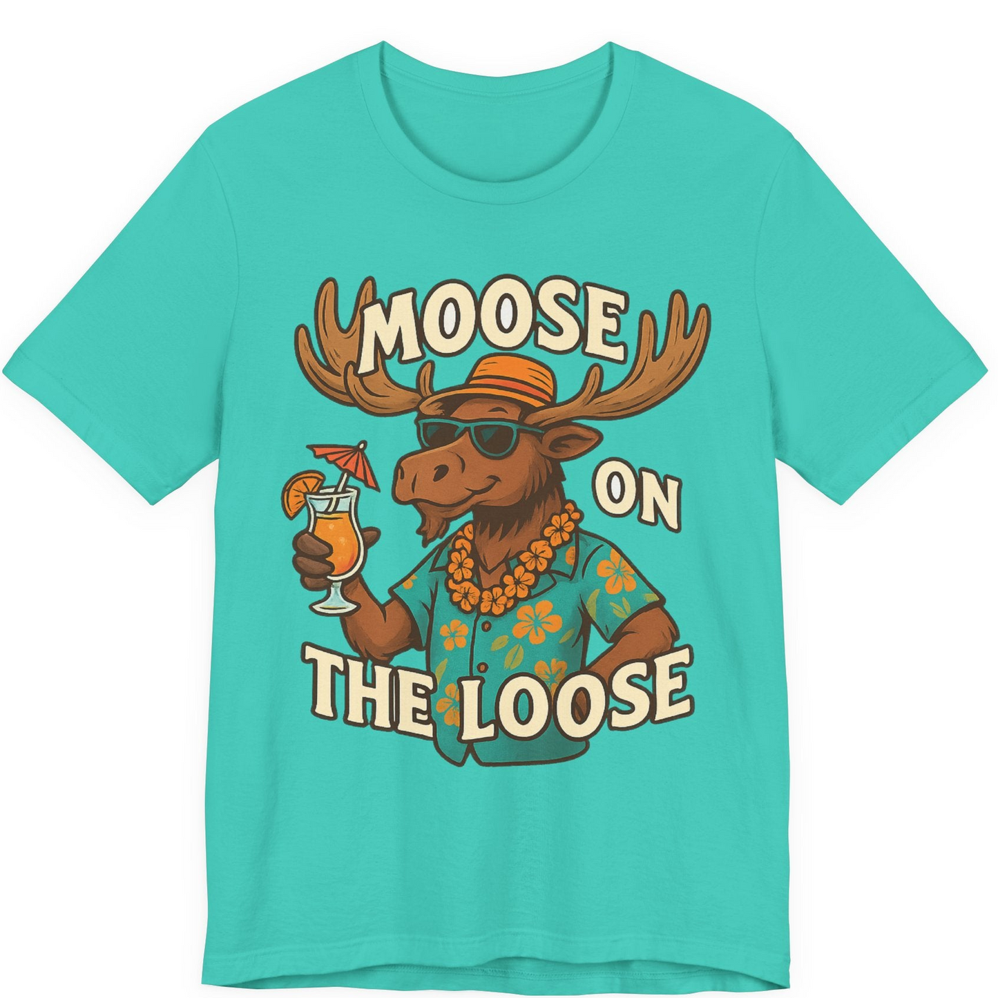 Moose On The Loose Funny Tropical Cartoon Vacation Shirt — Premium Tee Premium T-Shirt – Teal – Alaska Cruise Shirts