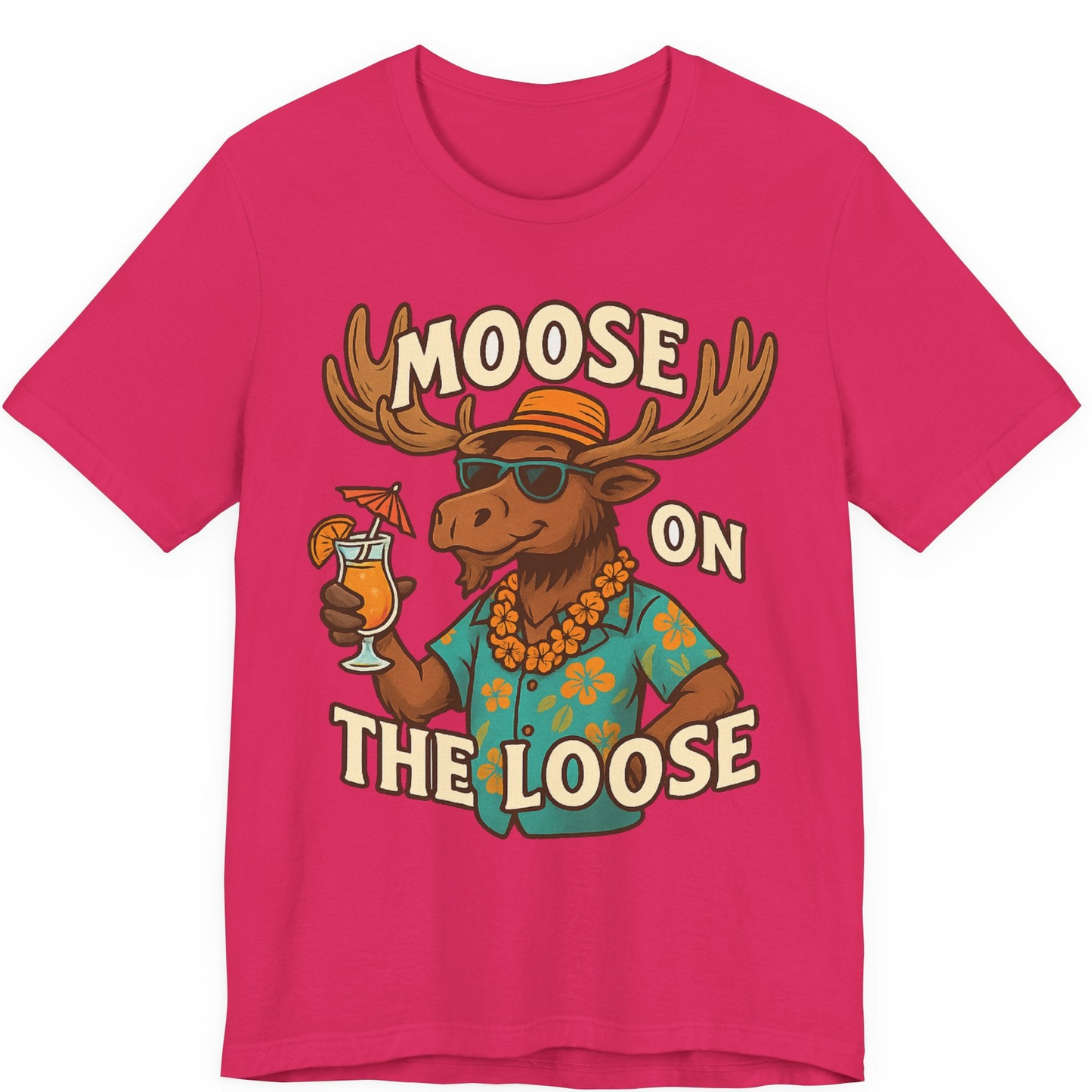 Moose On The Loose Funny Tropical Cartoon Vacation Shirt — Premium Tee Premium T-Shirt – Fuchsia – Alaska Cruise Shirts