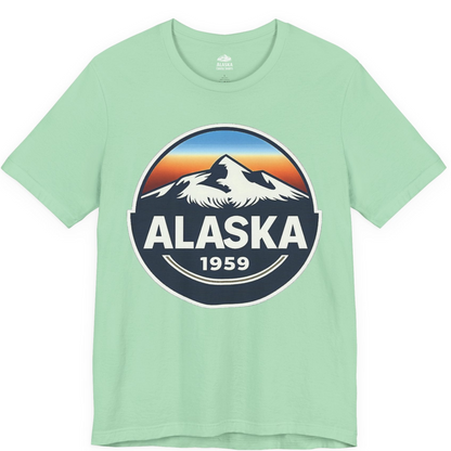 Alaska 1959 Retro Mountain Sunset Badge Shirt Vintage Statehood Tee — Premium Tee Premium T-Shirt – Mint – Alaska Cruise Shirts