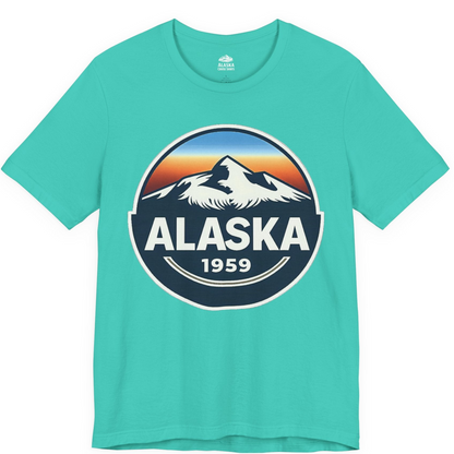 Alaska 1959 Retro Mountain Sunset Badge Shirt Vintage Statehood Tee — Premium Tee Premium T-Shirt – Teal – Alaska Cruise Shirts
