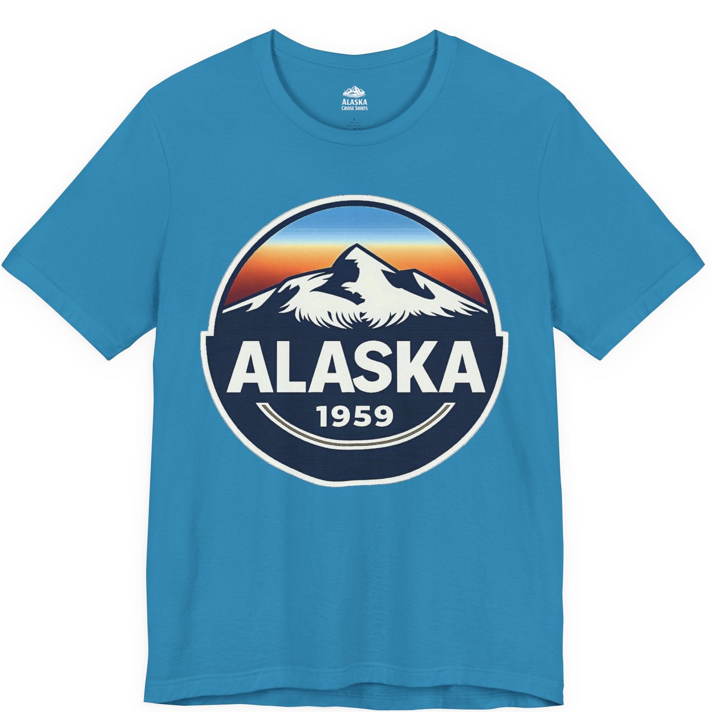 Alaska 1959 Retro Mountain Sunset Badge Shirt Vintage Statehood Tee — Premium Tee Premium T-Shirt – Aqua – Alaska Cruise Shirts