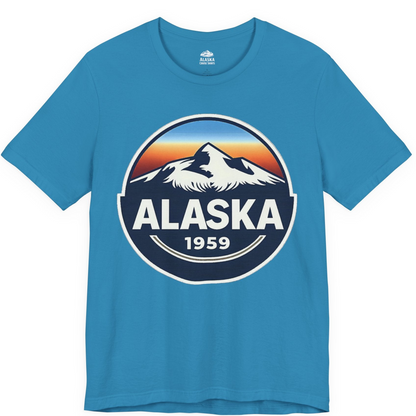Alaska 1959 Retro Mountain Sunset Badge Shirt Vintage Statehood Tee — Premium Tee Premium T-Shirt – Aqua – Alaska Cruise Shirts