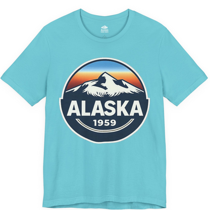 Alaska 1959 Retro Mountain Sunset Badge Shirt Vintage Statehood Tee — Premium Tee Premium T-Shirt – Turquoise – Alaska Cruise Shirts