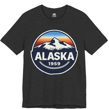 Alaska 1959 Retro Mountain Sunset Badge Shirt Vintage Statehood Tee — Premium Tee Premium T-Shirt – Dark Grey Heather – Alaska Cruise Shirts