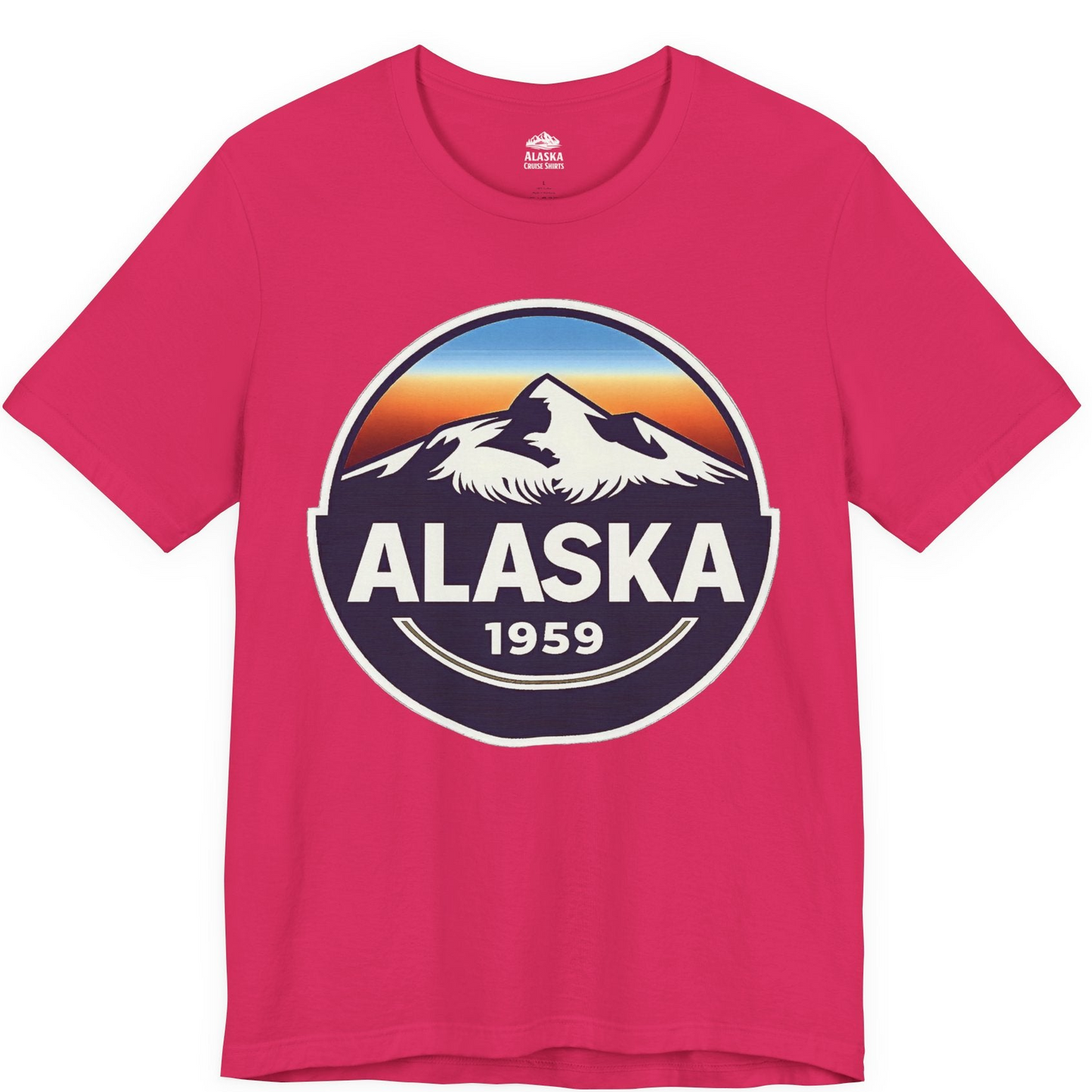 Alaska 1959 Retro Mountain Sunset Badge Shirt Vintage Statehood Tee — Premium Tee Premium T-Shirt – Fuchsia – Alaska Cruise Shirts